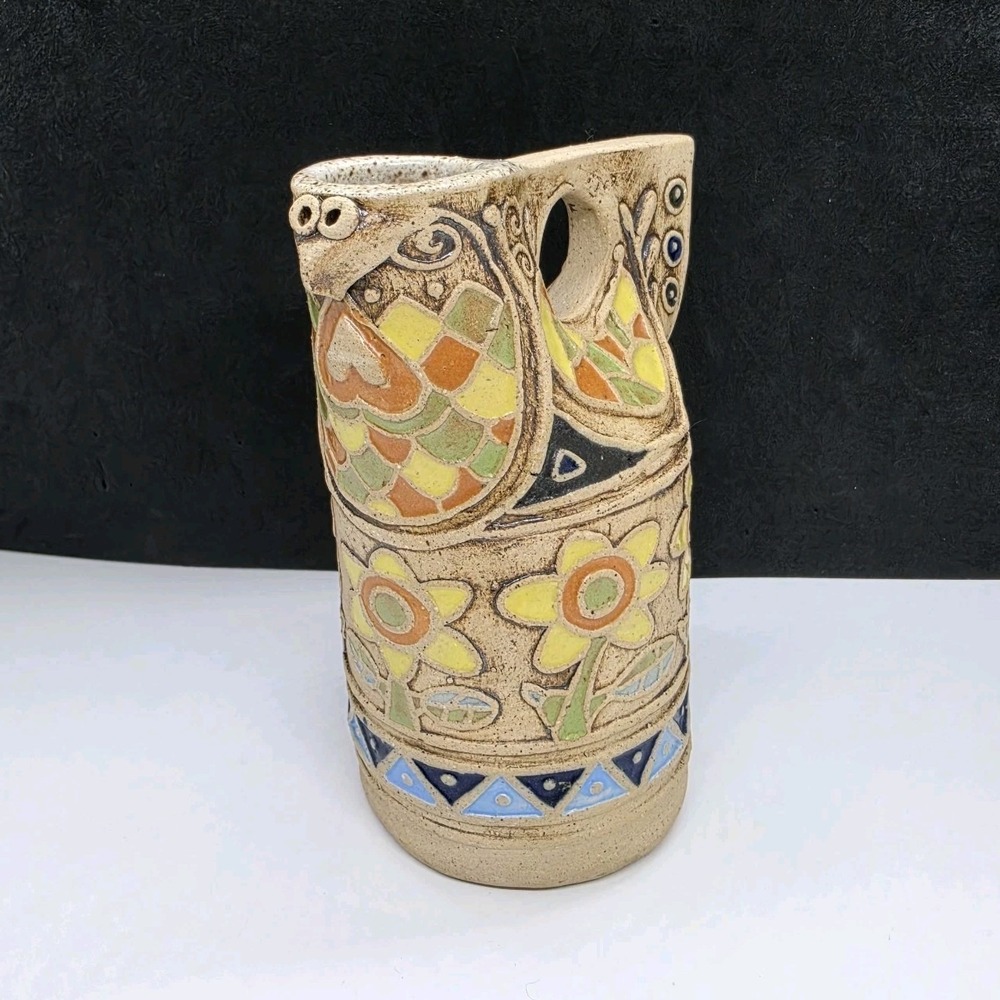 Unique Studio Pottery Mosiac Style Floral Pitcher Whimsical Rooster Spout  5"